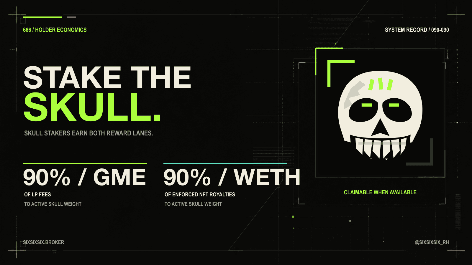 Stake the Skull graphic showing 90% of LP fees in GME and 90% of enforced NFT royalties in WETH going to active skull weight